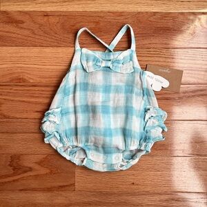 NWT ORGANIC Angel Dear Blue & White Gingham Ruffle Muslin Sunsuit Bubble